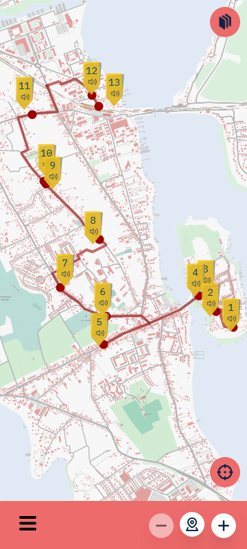 Gesamtansicht Karte von Werder mit mehreren gelben Markierungen, die mit einer roten Linie verbunden sind, Smartphone-Version