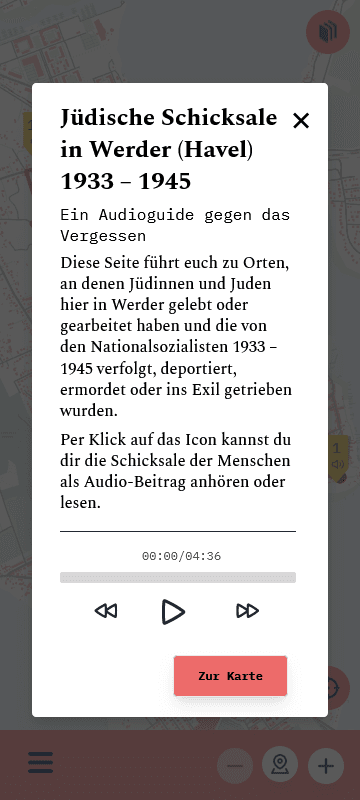 Startseite der Website Jüdische Schicksale in Werder (Havel) 1933-1945 mit einem Ausschnitt der Karte und einem Infotext über das Projekt, Smartphone-Version