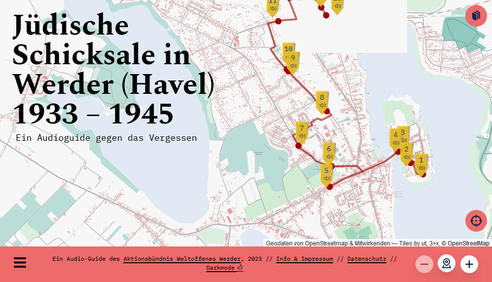 Gesamtansicht der Karte von Werder mit mehreren gelben Markierungen, die mit einer roten Linie verbunden sind