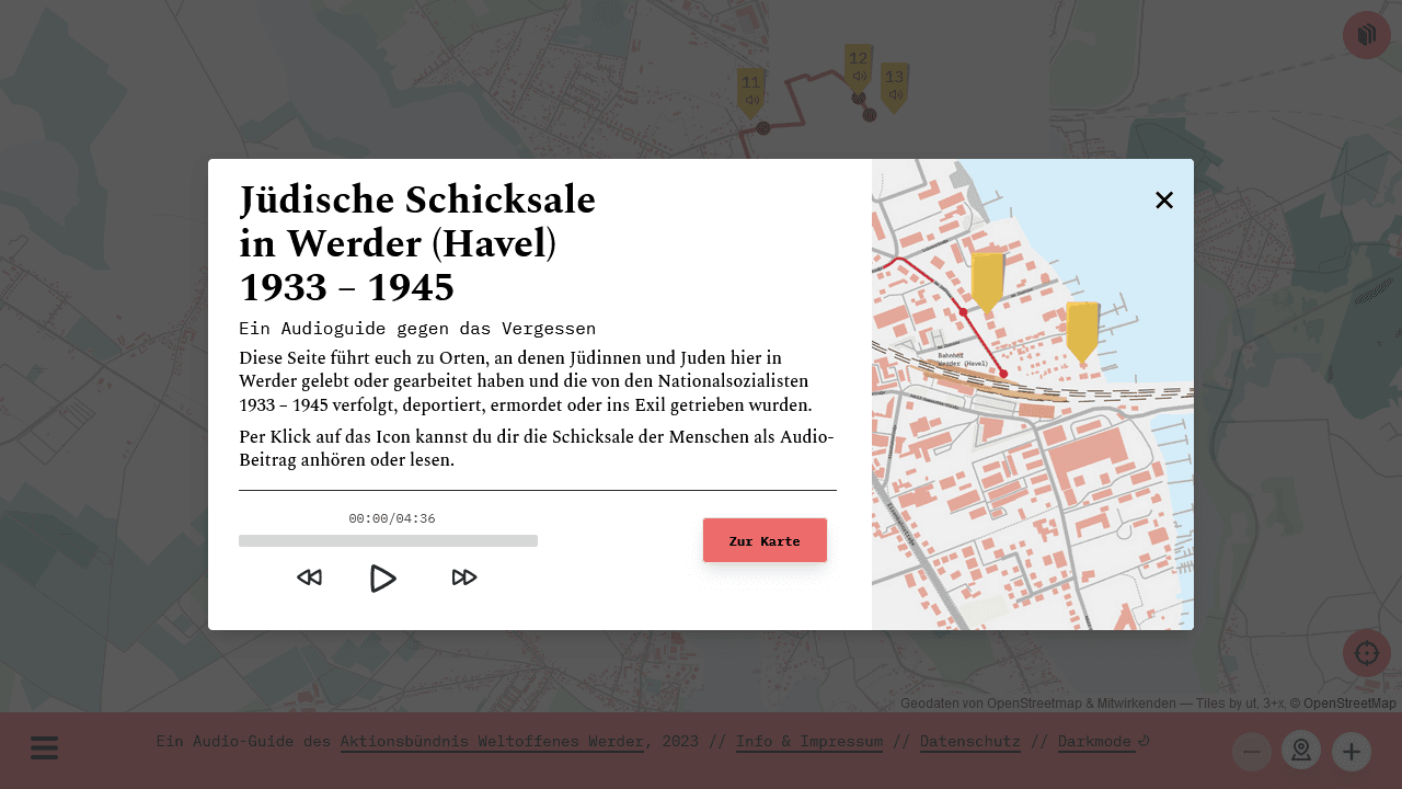 Startseite der Website Jüdische Schicksale in Werder (Havel) 1933-1945 mit einem Ausschnitt der Karte und einem kurzen Infotext über das Projekt 