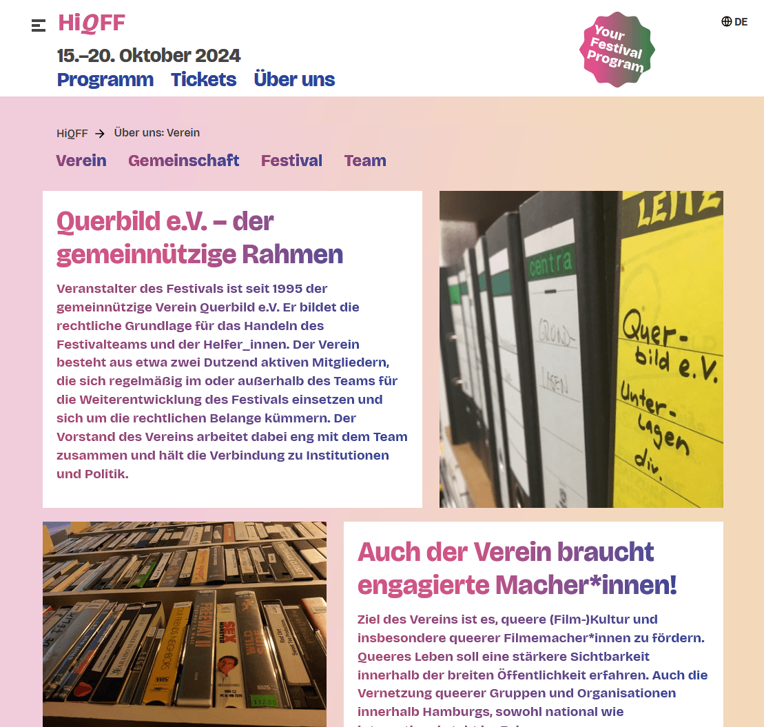 Eine Webseite des Hamburg International Queer Film Festival mit der Vorstellung des Vereins