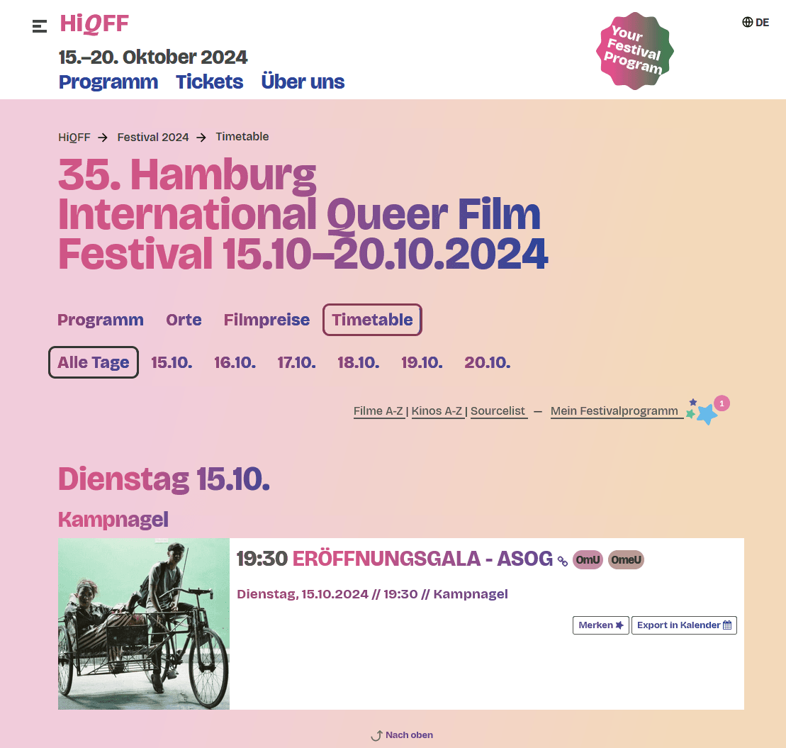 Die Programmübersicht des Hamburg International Queer Film Festival als Website
