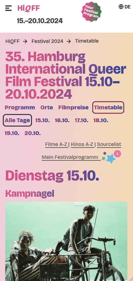 Die Programmübersicht des Hamburg International Queer Film Festival als Website (Mobile Ansicht)