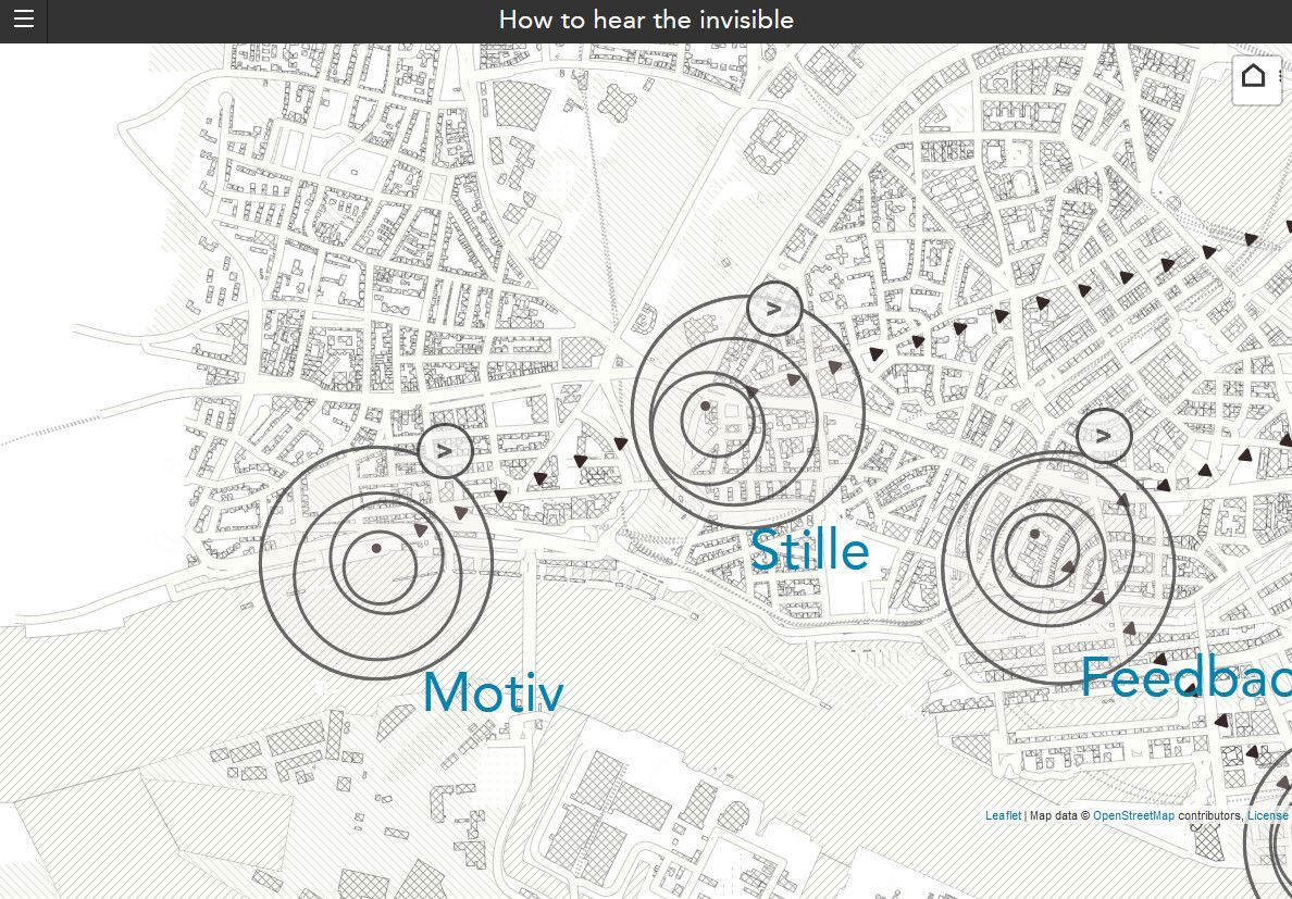 Startseite der Website how to hear the invisible mit einer Karte von Hamburg und drei kreisförmigen Markierungen mit den Titeln „Motiv“, „Stille“ und „Feedback“