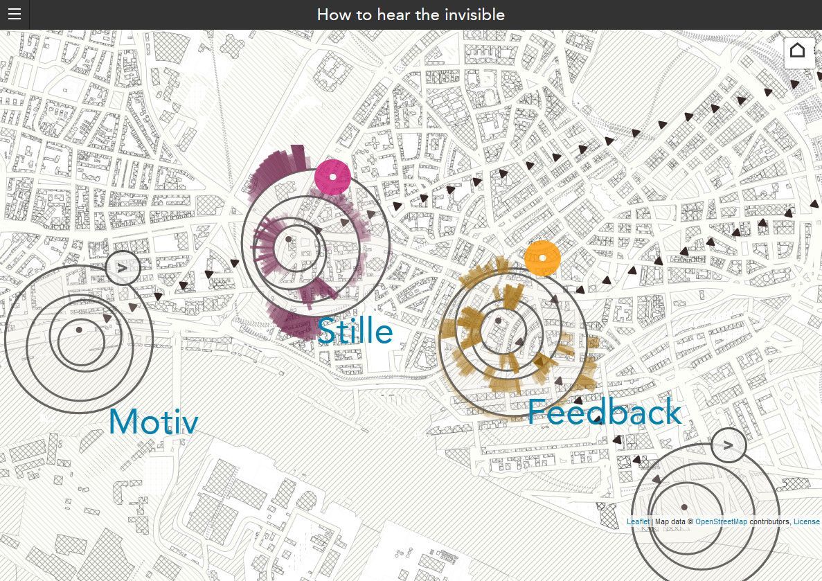 Startseite der Website how to hear the invisible mit einer Karte von Hamburg und drei kreisförmigen Markierungen mit den Titeln „Motiv“, „Stille“ und „Feedback“