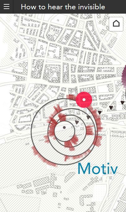 Unterseite der Website how to hear the invisible mit einer Karte von Hamburg und einer kreisförmigen Markierung mit den Titeln „Motiv“, Smartphone-Version