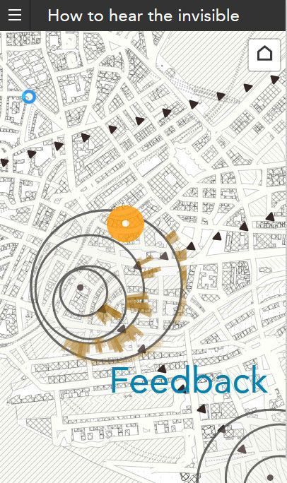 Unterseite der Website how to hear the invisible mit einer Karte von Hamburg und einer kreisförmigen Markierung mit den Titeln „Feedback“, Smartphone-Version