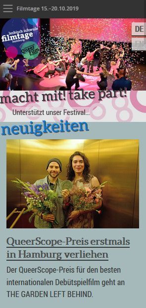 Startseite der Website Lesbisch Schwule Filmtage Hamburg mit den Menüpunkten „Mach mit! Take part!“ und „Neuigkeiten“, Smartphone-Version