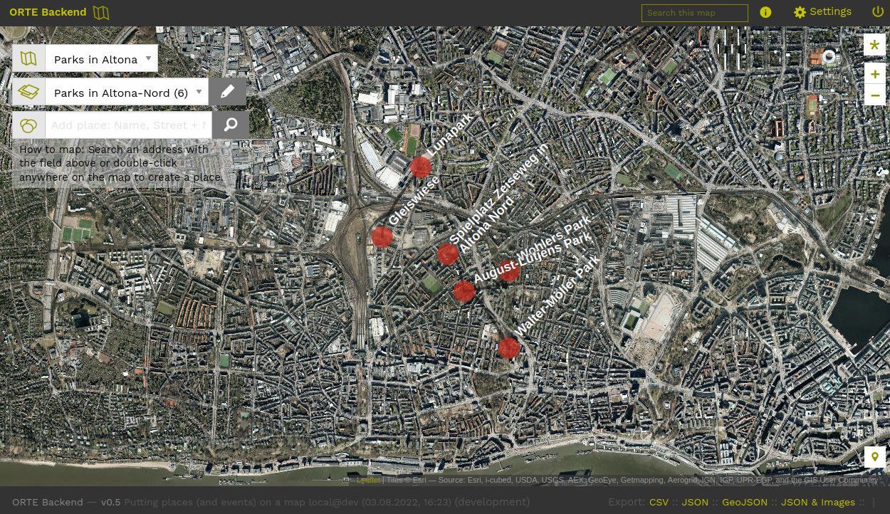 Unterseite der Webanwendung Orte Backend mit einer Satellitenkarte von Hamburg mit roten Punkten, die Parks in Hamburg Altona markieren