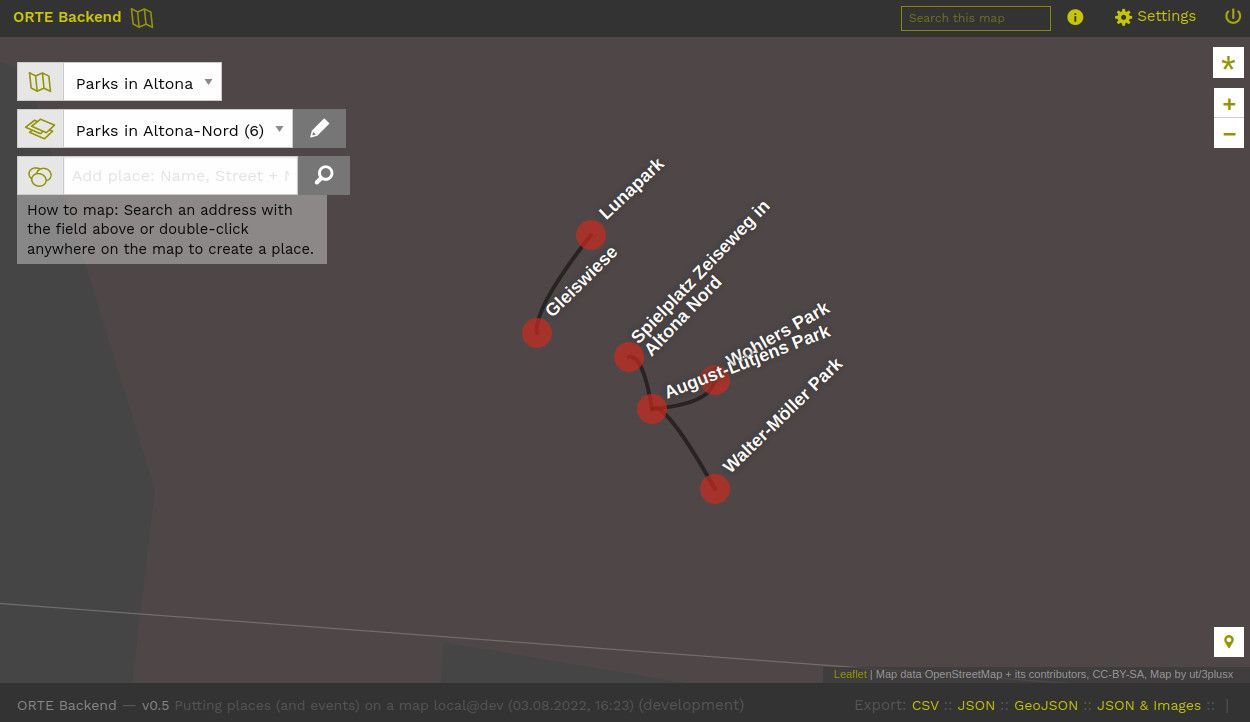 Unterseite der Webanwendung Orte Backend mit einer typologischen Ansicht, auf der mit roten Punkten Parks in Hamburg Altona markiert sind 
