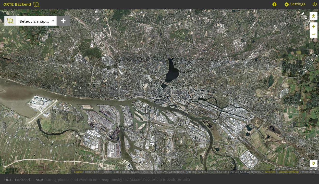 Startseite der Webanwendung Orte Backend mit einer Satellitenkarte von Hamburg, in englischer Sprache 