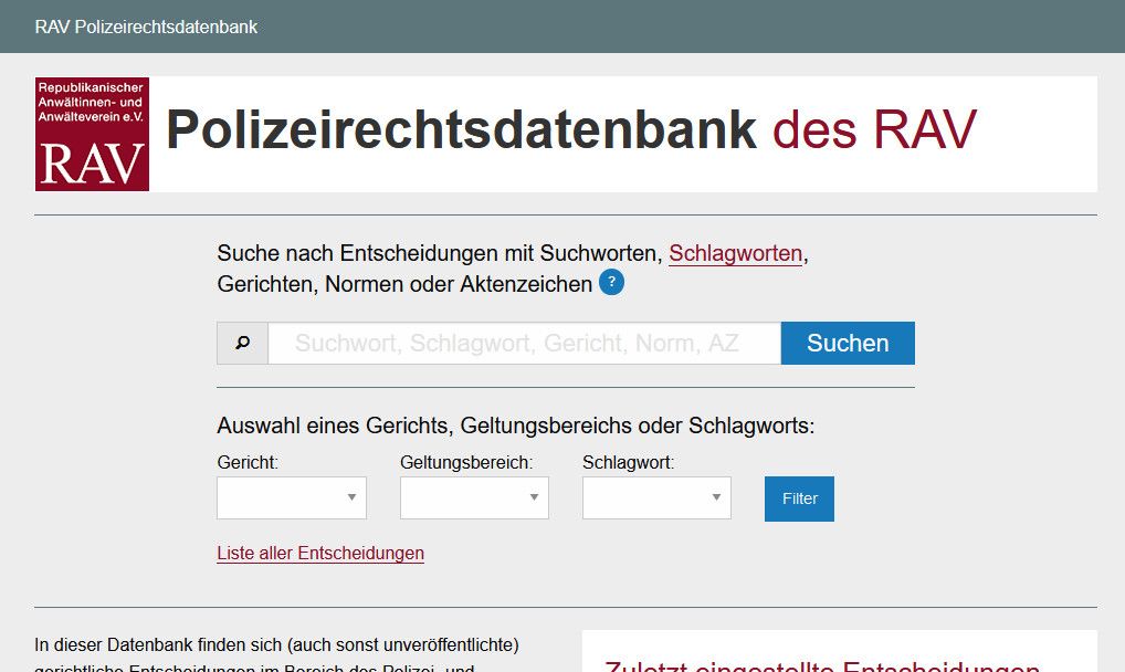 Startseite der Website Polizeirechtdatenbank der Republikanischer Anwältinnen- und Anwälteverein e.V. mit einer Suchleiste für Suchworte, Schlagworte, Gerichte, Normen oder Aktenzeichen