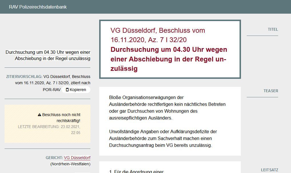 Unterseite der Website Polizeirechtdatenbank der Republikanischer Anwältinnen- und Anwälteverein e.V. mit einem Suchergebnis zum Thema „Durchsuchung um 04.30 Uhr wegen einer Abschiebung in der Regel unzulässig“