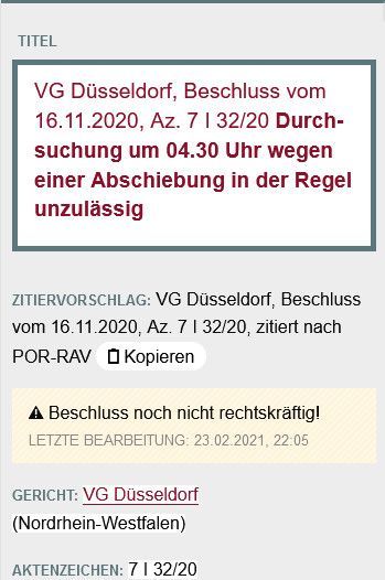 Unterseite der Website Polizeirechtdatenbank der Republikanischer Anwältinnen- und Anwälteverein e.V. mit einem Suchergebnis zum Thema „Anlasslose polizeiliche Identitätsfeststellung rechtswidrig“, Smartphone-Version