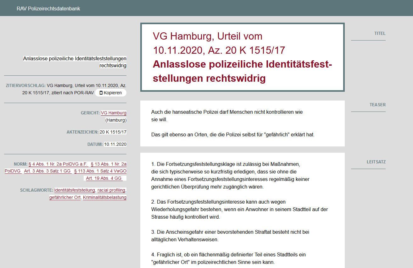 Unterseite der Website Polizeirechtdatenbank der Republikanischer Anwältinnen- und Anwälteverein e.V. mit einem Suchergebnis zum Thema „Anlasslose polizeiliche Identitätsfeststellung rechtswidrig“
