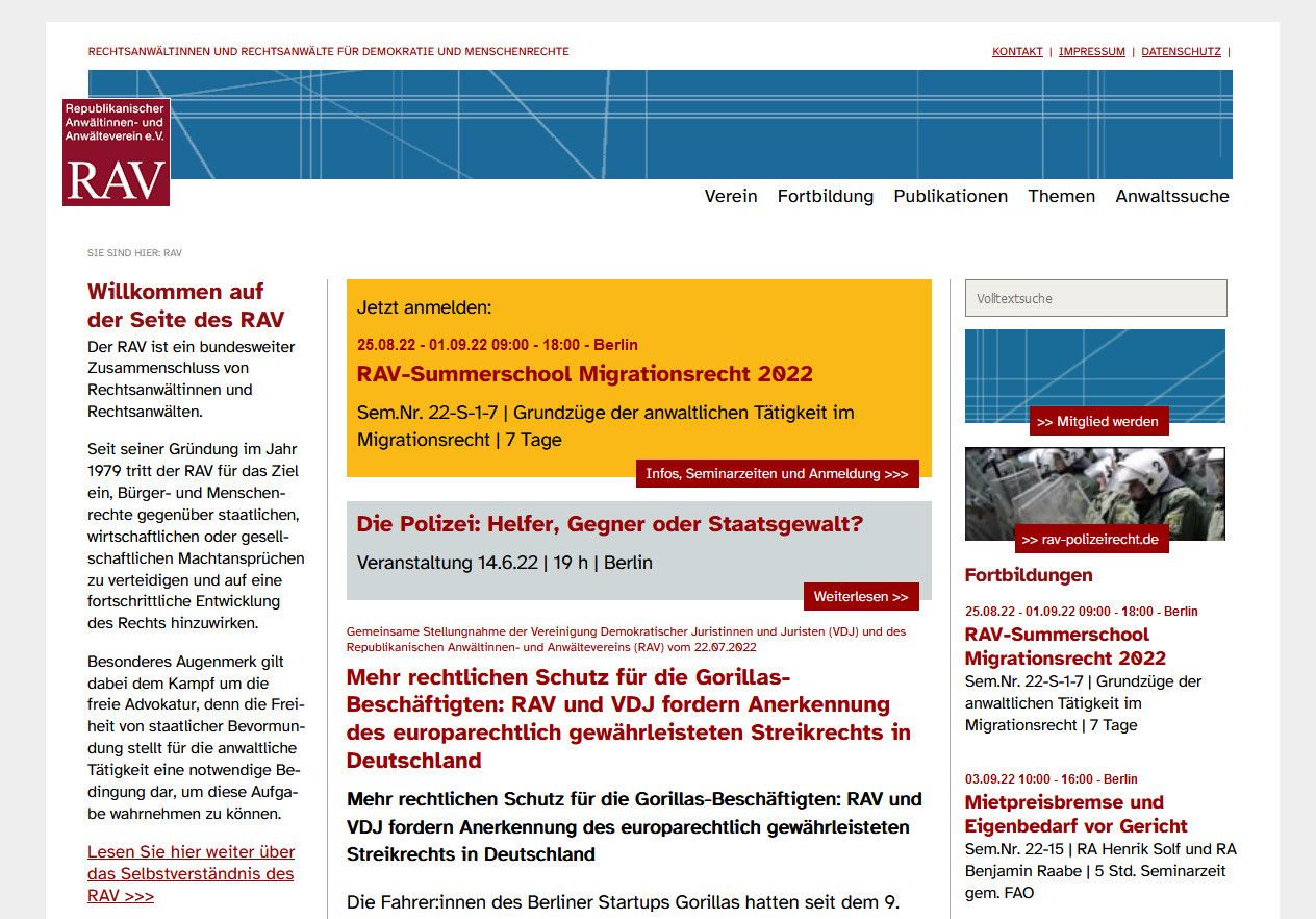 Startseite der Website Republikanischer Anwältinnen- und Anwälteverein e.V.