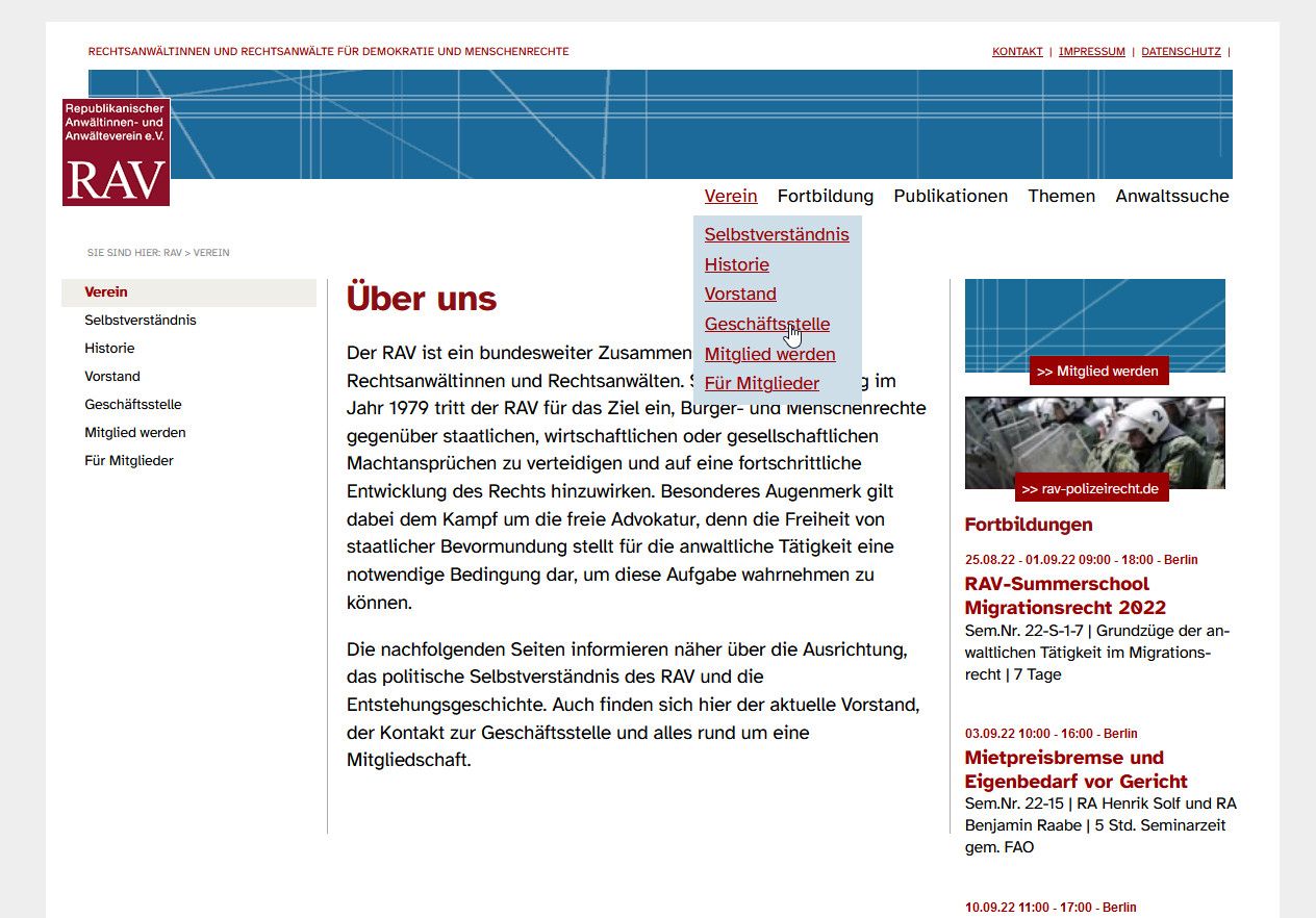 Unterseite der Website Republikanischer Anwältinnen- und Anwälteverein e.V. zum Thema „Über uns“