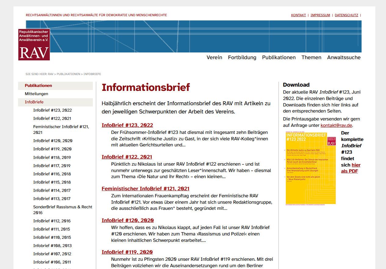 Unterseite der Website Republikanischer Anwältinnen- und Anwälteverein e.V. zum Thema „Informationsbrief“