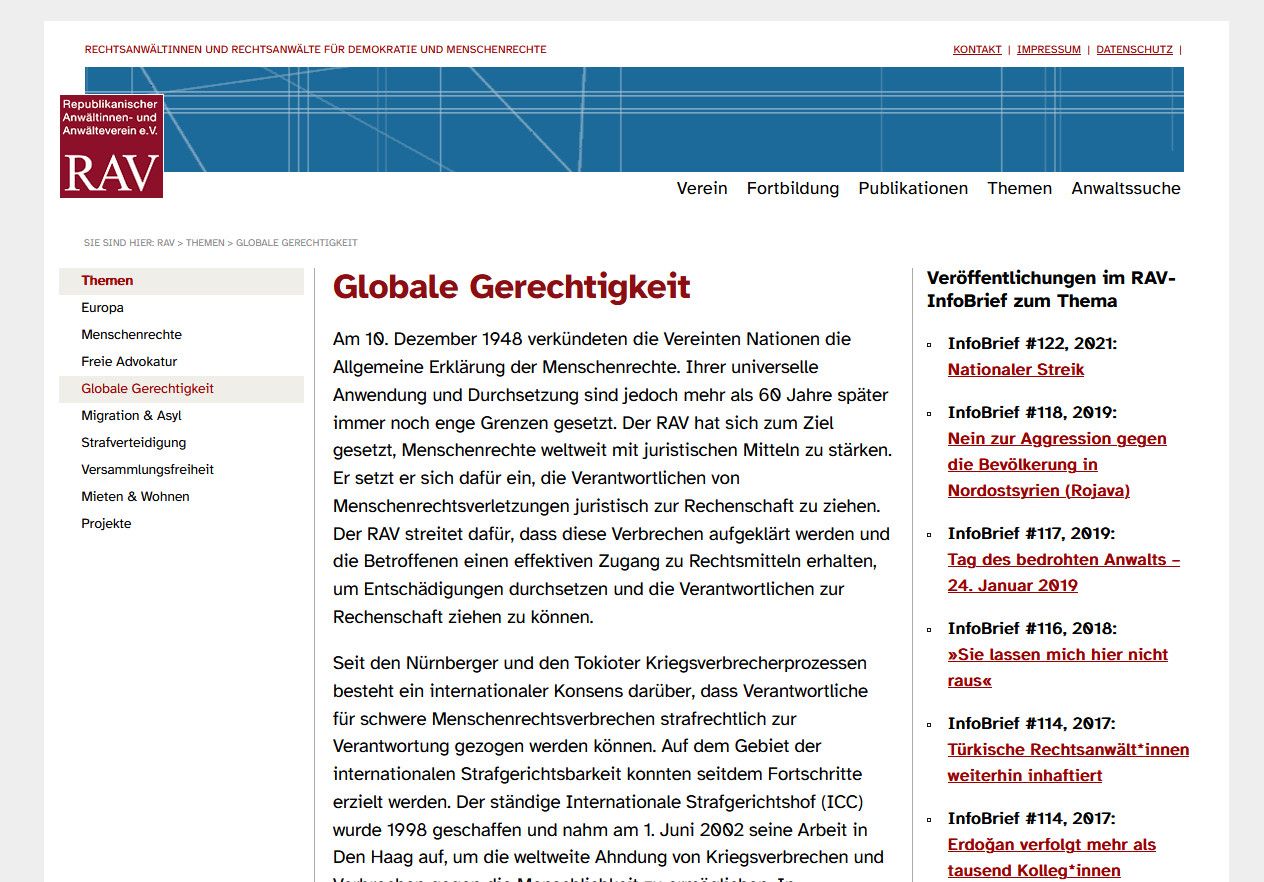 Unterseite der Website Republikanischer Anwältinnen- und Anwälteverein e.V. zum Thema „Globale Gerechtigkeit“