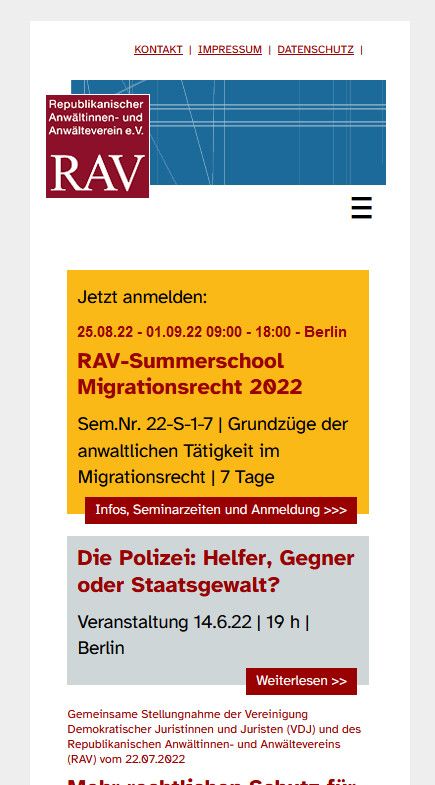 Startseite der Website Republikanischer Anwältinnen- und Anwälteverein e.V., Smartphone-Version