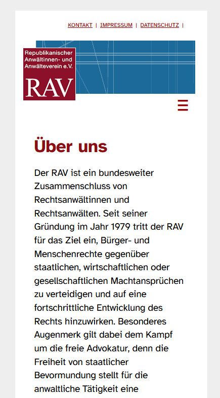Unterseite der Website Republikanischer Anwältinnen- und Anwälteverein e.V. zum Thema „Über uns“, Smartphone-Version