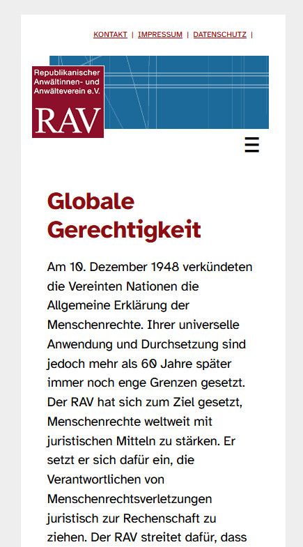Unterseite der Website Republikanischer Anwältinnen- und Anwälteverein e.V. zum Thema „Globale Gerechtigkeit“, Smartphone-Version