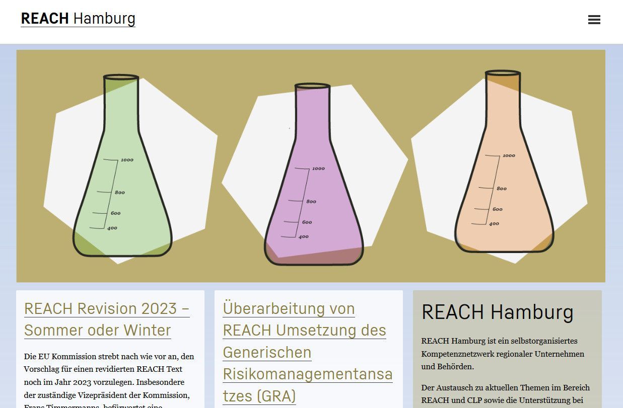 Startseite der Website REACH Hamburg mit einer Illustration auf der drei Erlenmeyerkolben abgebildet sind, jeweils in hellgrün, fuchsia und hellorange