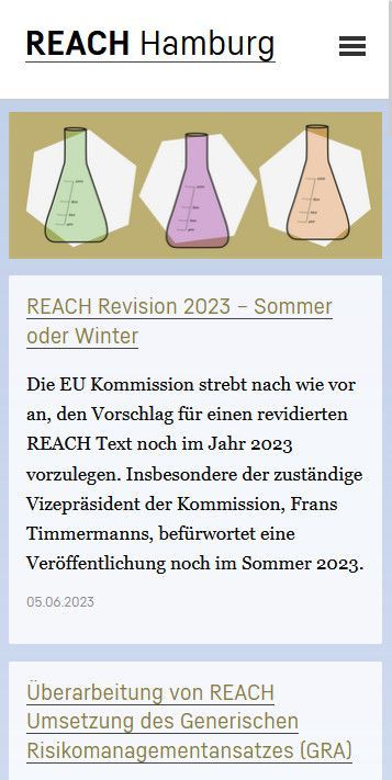 Startseite der Website REACH Hamburg mit einer Illustration auf der drei Erlenmeyerkolben abgebildet sind, jeweils in hellgrün, fuchsia und hellorange, Smartphone-Version 