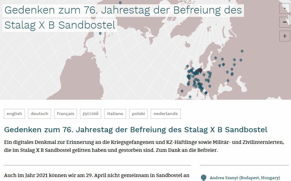 Startseite der Website Gedenken zum 76. Jahrestag der Befreiung des Stalag X B Sandbostel mit Gesamtansicht der Karte des Geländes