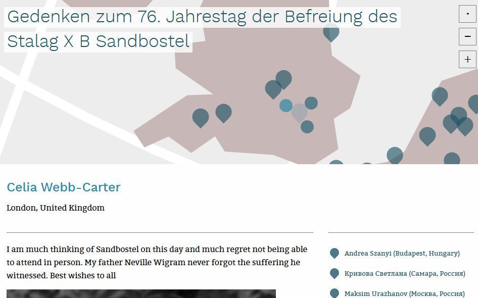 Unterseite der Website Gedenken zum 76. Jahrestag der Befreiung des Stalag X B Sandbostel mit einer Detailansicht der Karte des Geländes, in englischer, deutscher, französischer, russischer, italienischer, polnischer und niederländischer Sprache