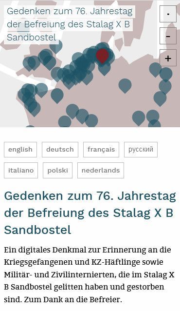 Startseite der Website Gedenken zum 76. Jahrestag der Befreiung des Stalag X B Sandbostel mit Gesamtansicht der Karte des Geländes, Smartphone-Version