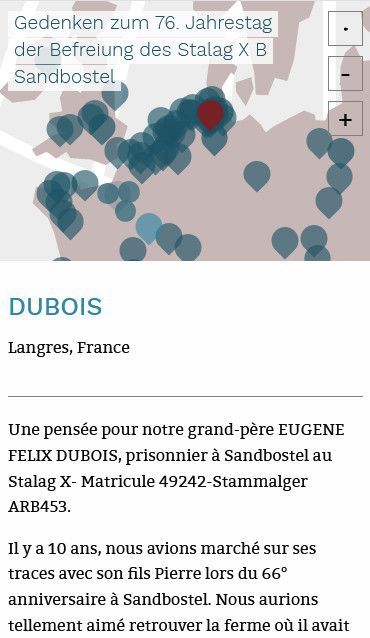 Startseite der Website Gedenken zum 76. Jahrestag der Befreiung des Stalag X B Sandbostel mit einer Detailansicht der Karte des Geländes, Smartphone-Version