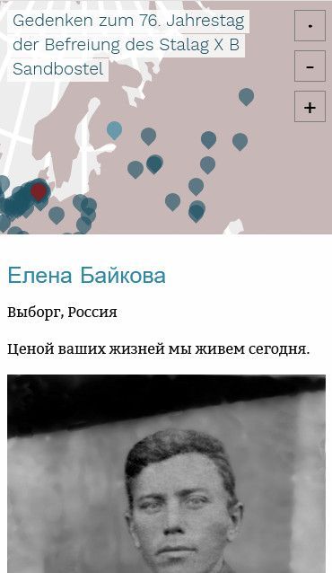 Unterseite der Website Gedenken zum 76. Jahrestag der Befreiung des Stalag X B Sandbostel mit einer Detailansicht der Karte des Geländes und einer Portraitfotografie, Smartphone-Version