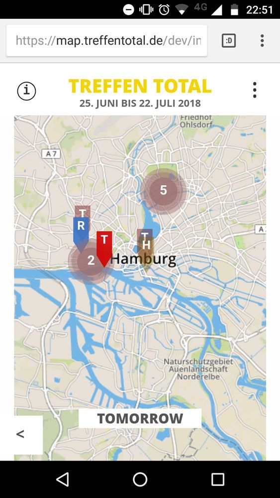Unterseite der Website Treffen Total 2018 Map mit einer Karte von Hamburg mit mehreren verschiedenfarbigen Markierungen, Smartphone-Version