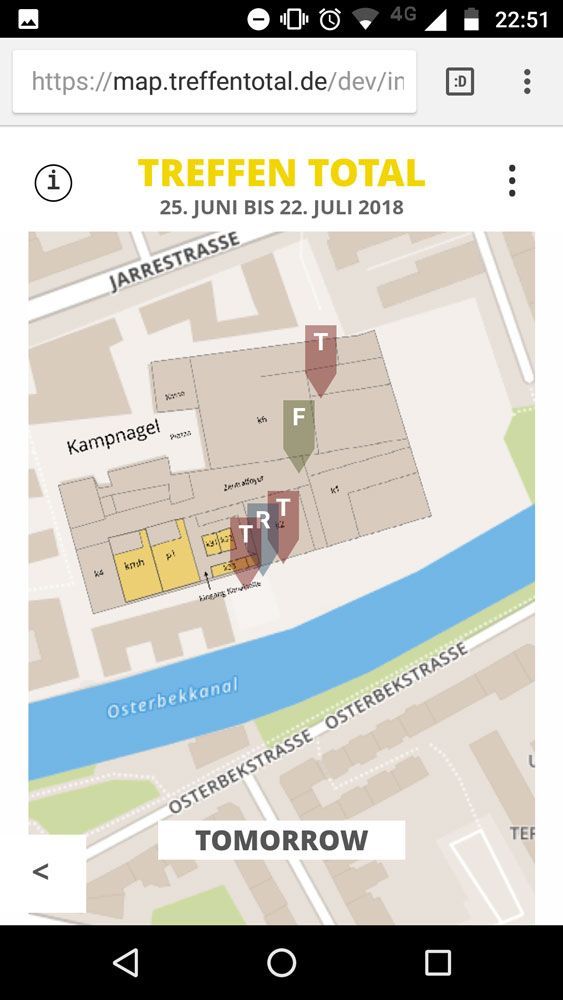 Unterseite der Website Treffen Total 2018 Map mit einer Karte des Geländes von Kampnagel mit mehreren verschiedenfarbigen Markierungen, Smartphone-Version
