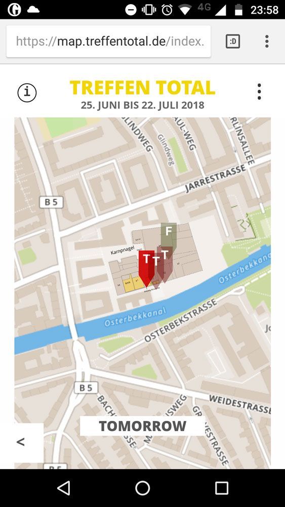 Unterseite der Website Treffen Total 2018 Map mit einer Karte des Geländes von Kampnagel mit mehreren verschiedenfarbigen Markierungen, Smartphone-Version
