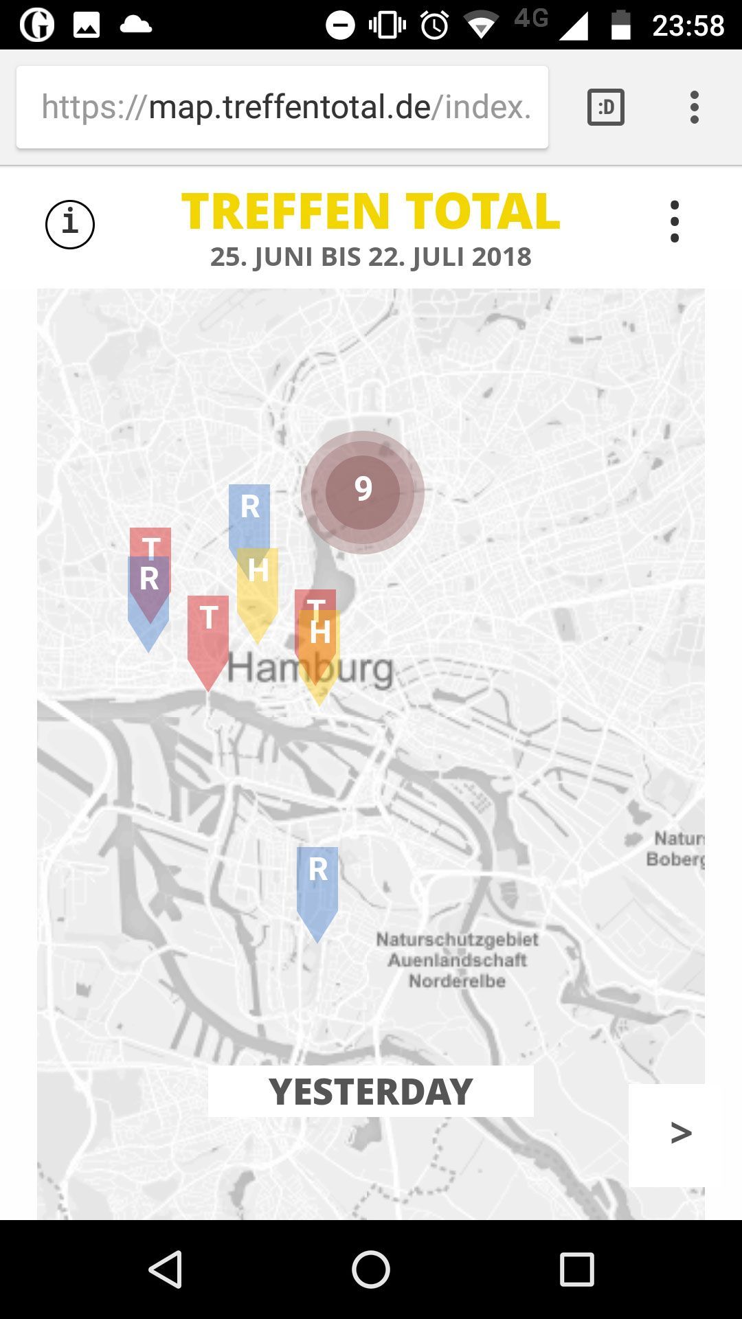 Unterseite der Website Treffen Total 2018 Map mit einer Karte von Hamburg mit mehreren verschiedenfarbigen Markierungen, Smartphone-Version
