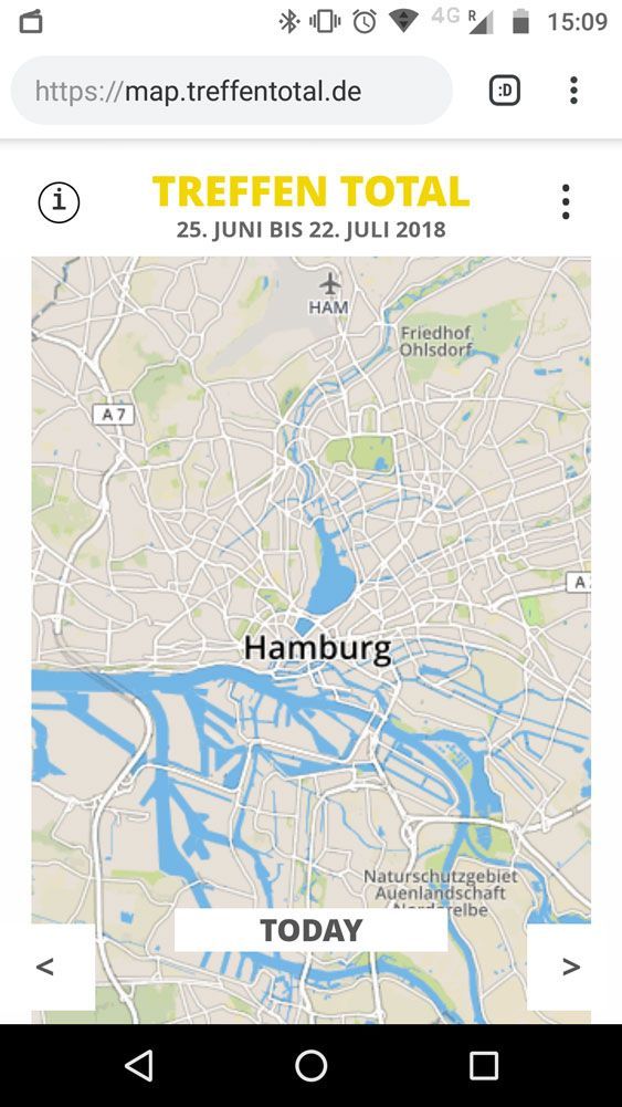 Startseite der Website Treffen Total 2018 Map mit einer Karte von Hamburg, Smartphone-Version