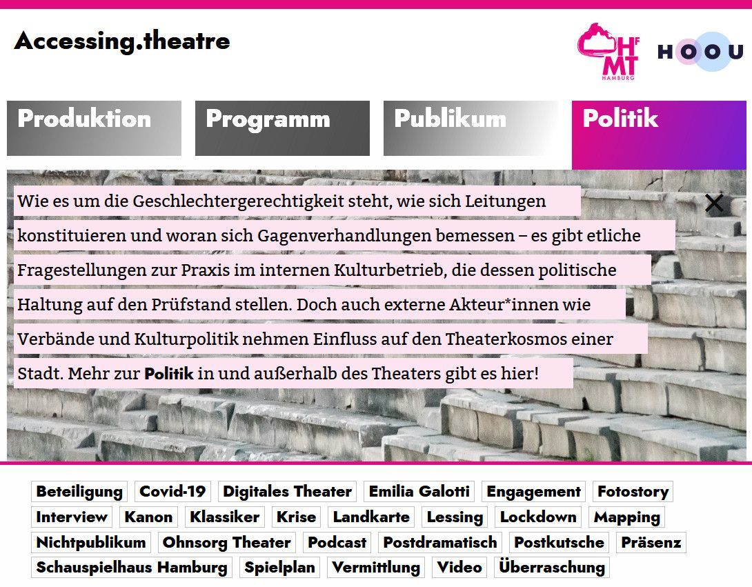 Unterseite der Website Accessing.theater zum Thema „Politik“