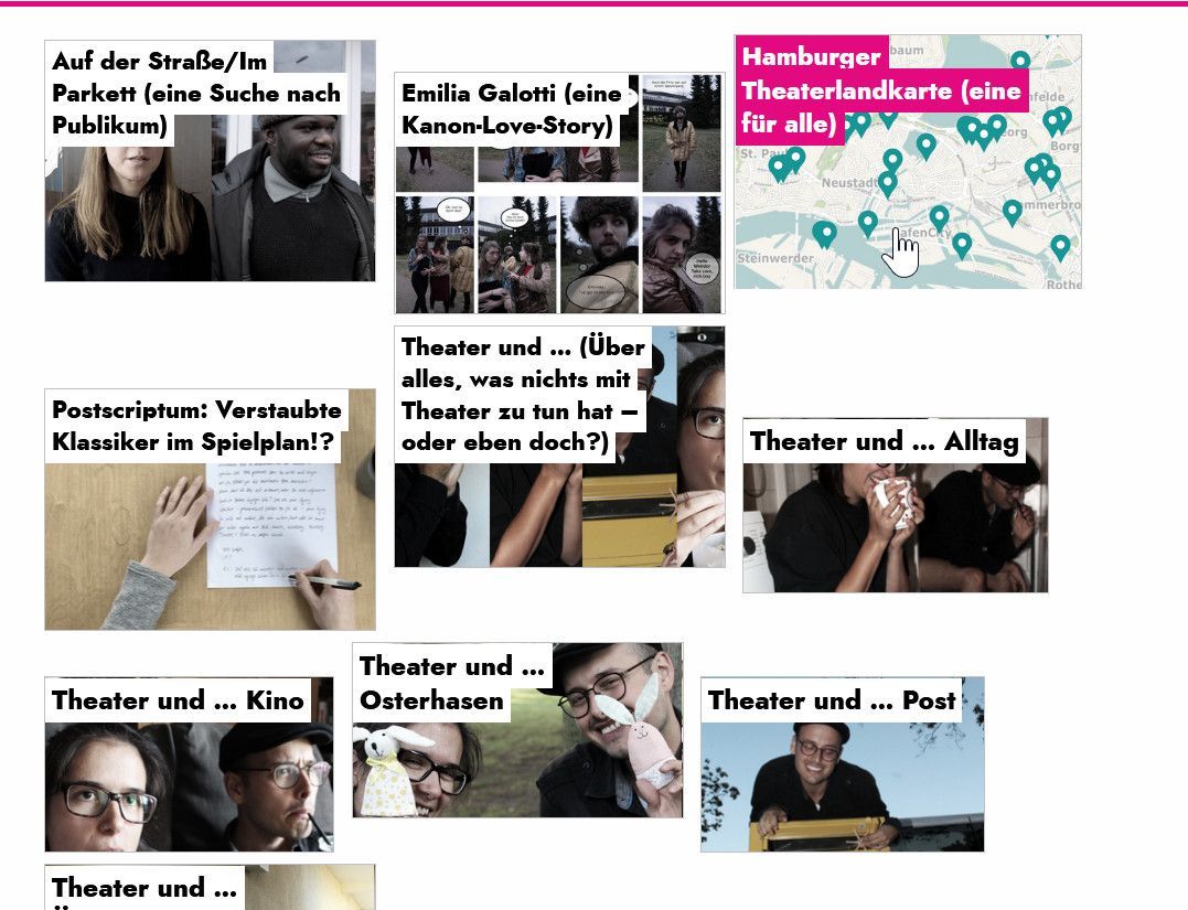 Unterseite der Website Accessing.theater mit Kachelansicht der Beiträge