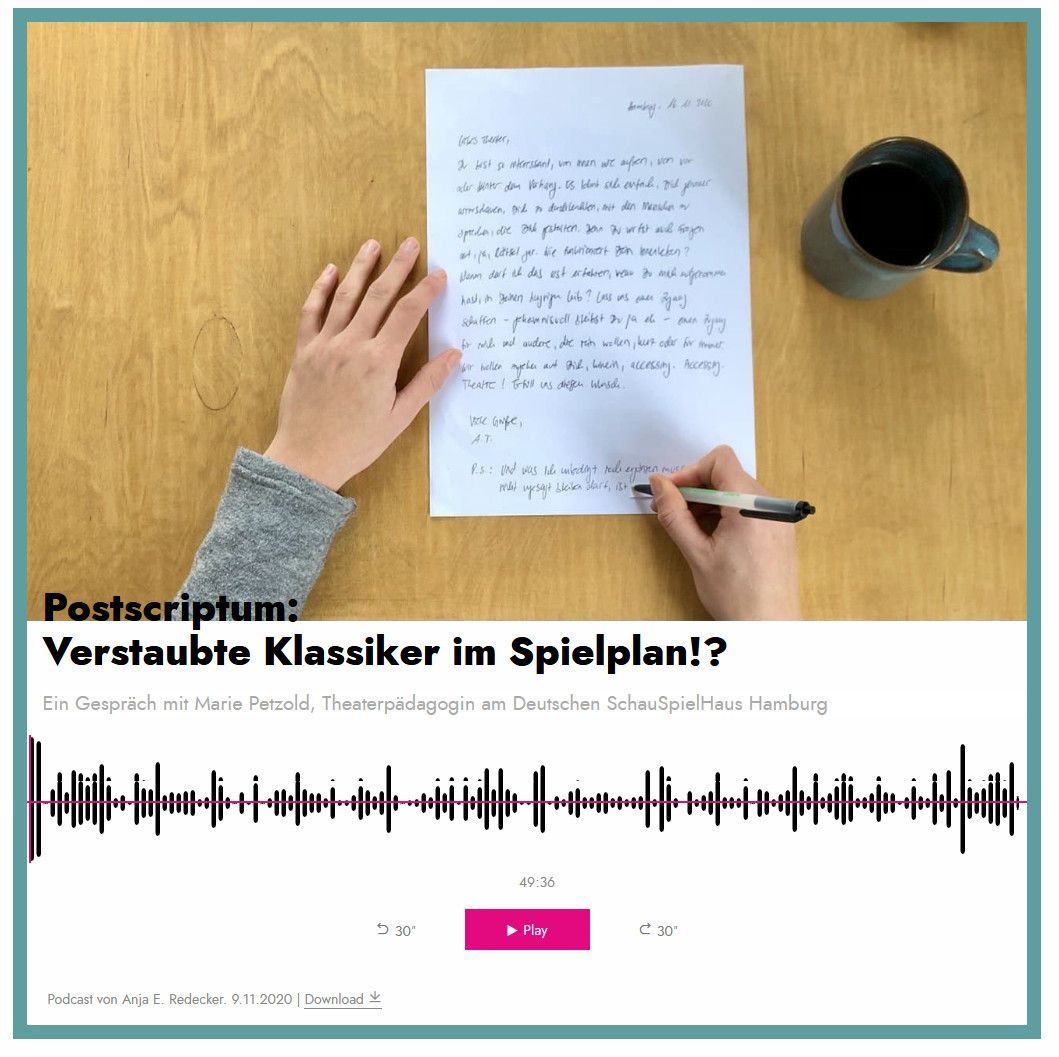 Unterseite der Website Accessing.theater mit einem Interview der Theaterpädagogin Marie Petzold vom Deutschen Schauspielhaus Hamburg in deutscher Lautsprache