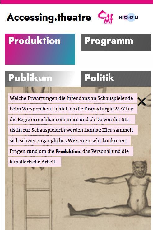 Unterseite der Website Accessing.theater zum Thema „Produktion“, Smartphone-Version