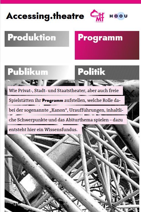 Unterseite der Website Accessing.theater zum Thema „Programm“, Smartphone-Version