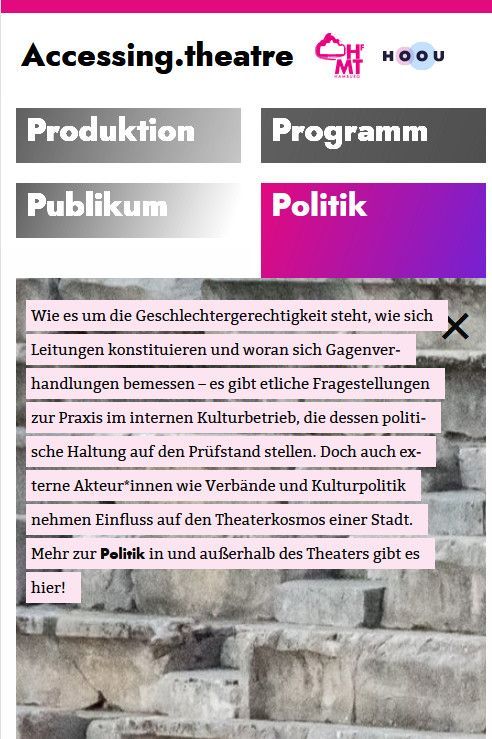 Unterseite der Website Accessing.theater zum Thema „Politik“, Smartphone-Version