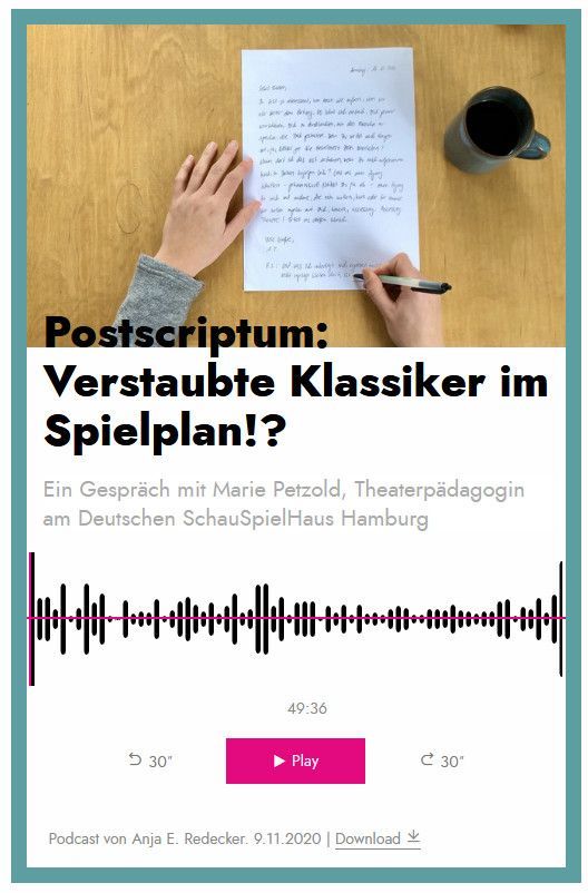 Unterseite der Website Accessing.theater mit einem Interview der Theaterpädagogin Marie Petzold vom Deutschen Schauspielhaus Hamburg in deutscher Lautsprache, Smartphone-Version