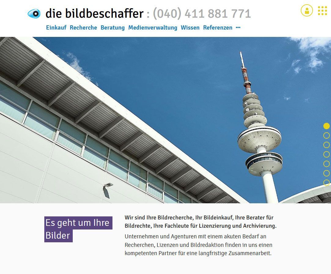 Startseite der Website Die Bildbeschaffer mit Menüpunkten wie „Einkauf“, „Recherche“ und „Beratung“ 