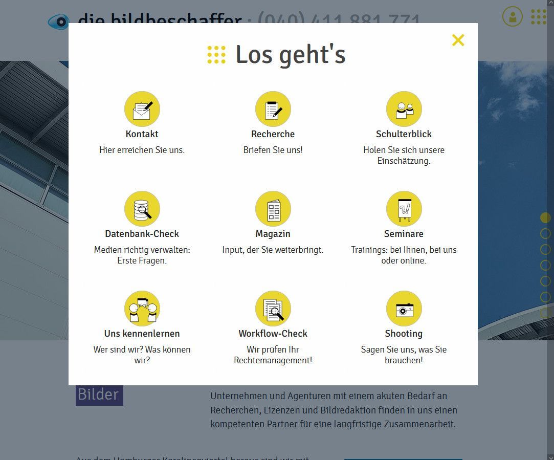 Unterseite der Website Die Bildbeschaffer mit den Kommunikationsangeboten als Overlay