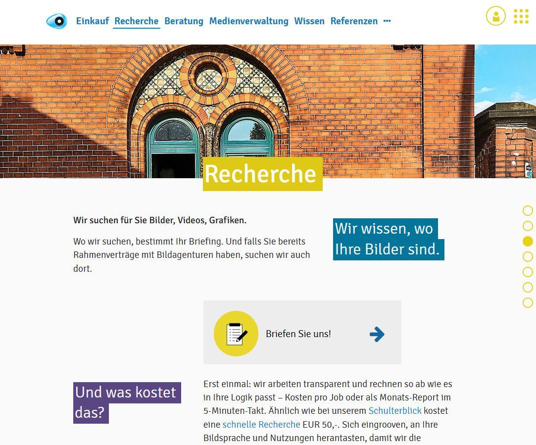Unterseite der Website Die Bildbeschaffer zum Thema „Recherche“