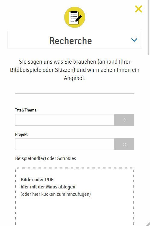 Unterseite der Website Die Bildbeschaffer mit einem Auftragsformular, Smartphone-Version