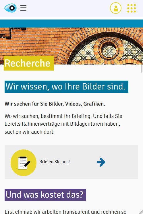 Unterseite der Website Die Bildbeschaffer zum Thema „Recherche“, Smartphone-Version